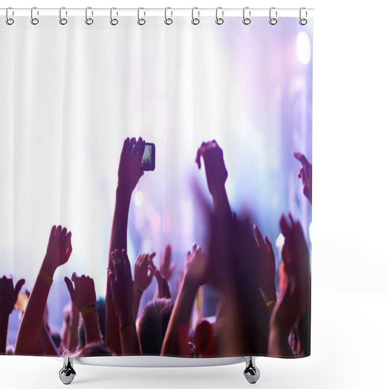 Personality  Audience With Hands Raised At A Music Festival And Lights Streaming Down From Above The Stage. Crowd Raising Their Hands, Dancing And Enjoying Great The Concert. Shower Curtains