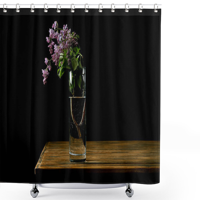 Personality  Close-up Shot Of Branch Of Lilac Flowers In Glass On Wooden Table Isolated On Black Shower Curtains