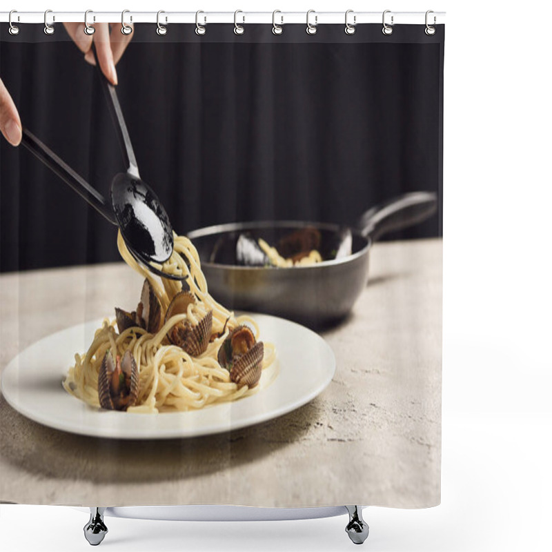 Personality  Cropped View Of Woman Putting Delicious Italian Spaghetti With Seafood On Plate Isolated On Black Shower Curtains