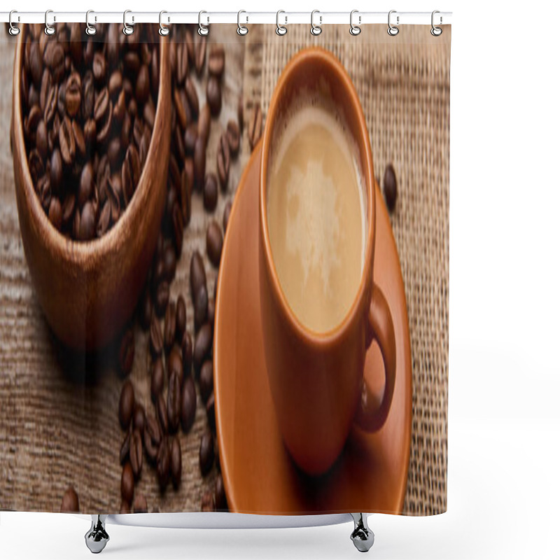 Personality  Panoramic Shot Of Coffee Beans In Bowl Near Cup Of Coffee On Wooden Background Shower Curtains