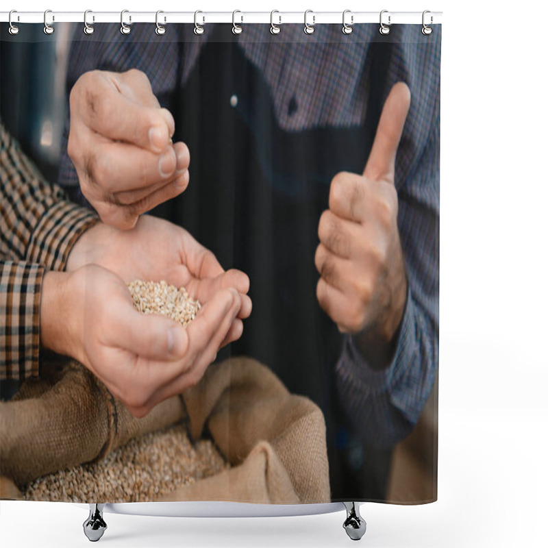 Personality  Male Hands Checking Quality Of Wheat At Brewery Shower Curtains