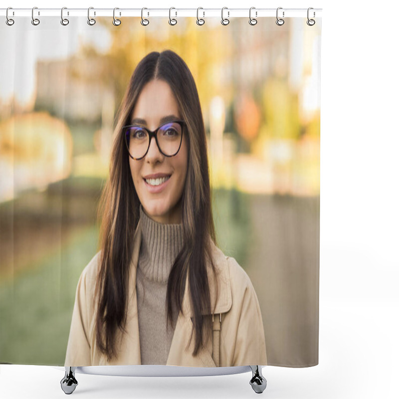 Personality  Close-up Portrait Of Independent Woman Student 20s With Amazing Smile Wearing Glasses In The Street. Shower Curtains