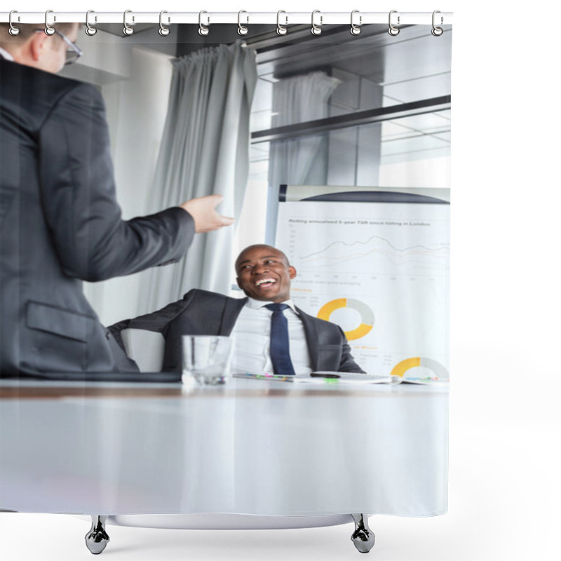 Personality  Cheerful Businessman Talking With Colleague  Shower Curtains