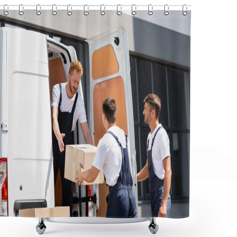 Personality  Movers Unloading Cardboard Boxes From Truck On Urban Street  Shower Curtains