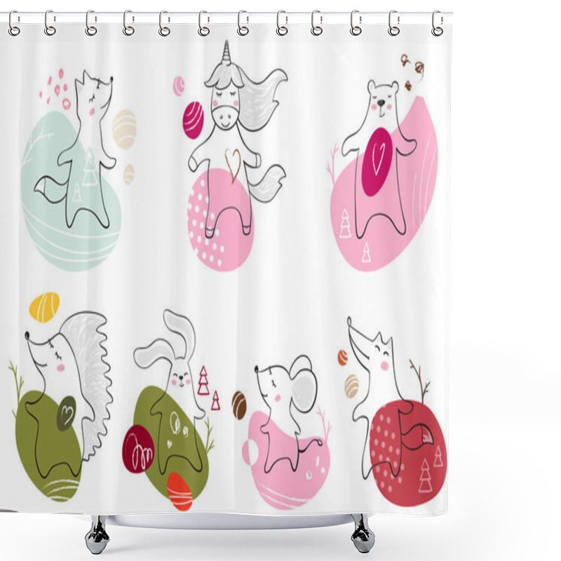 Personality  Dancing Bear, Fox, Wolf, Mouse, Bunny, Unicorn, Hedgehog Baby Print. Cute Animal Listens To Music With Simple Abstract Design. Shower Curtains