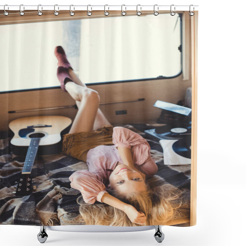 Personality  Beautiful Hippie Girl Lying Inside Campervan With Acoustic Guitar And Vinyl Player  Shower Curtains