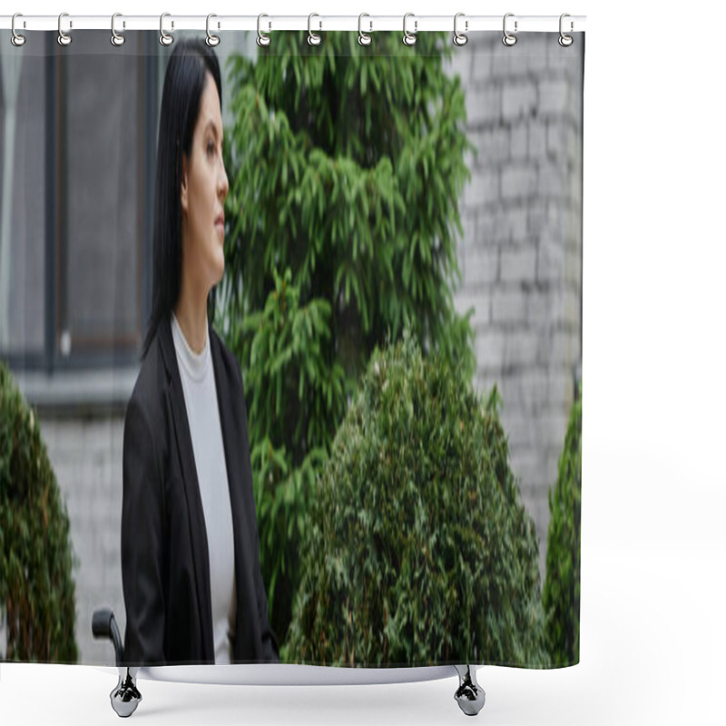 Personality  A Woman In A Wheelchair Sits Calmly Amidst Greenery. Shower Curtains