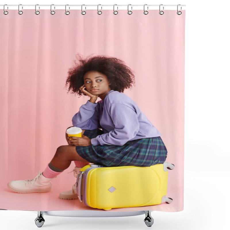 Personality  A Bored Young African American Woman With Curly Hair Sits On Top Of A Yellow Suitcase, Lost In Thought. Shower Curtains