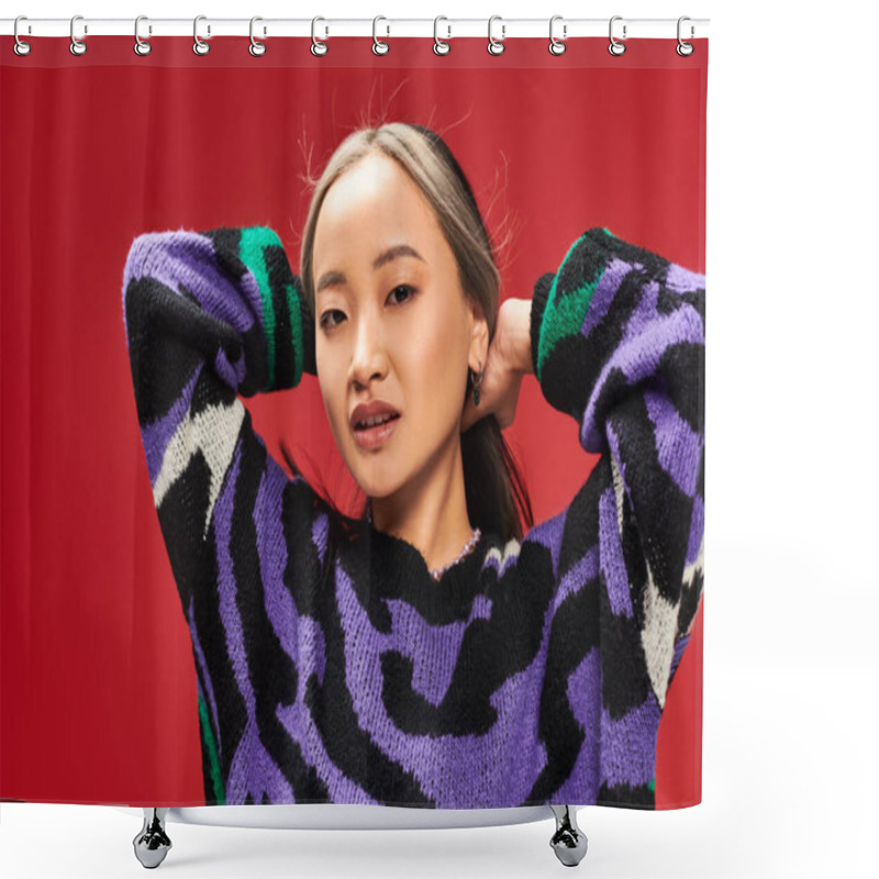 Personality  Pretty And Young Asian Woman With Dyed Hair In Vibrant Sweater With Animal Print Posing On Red Shower Curtains