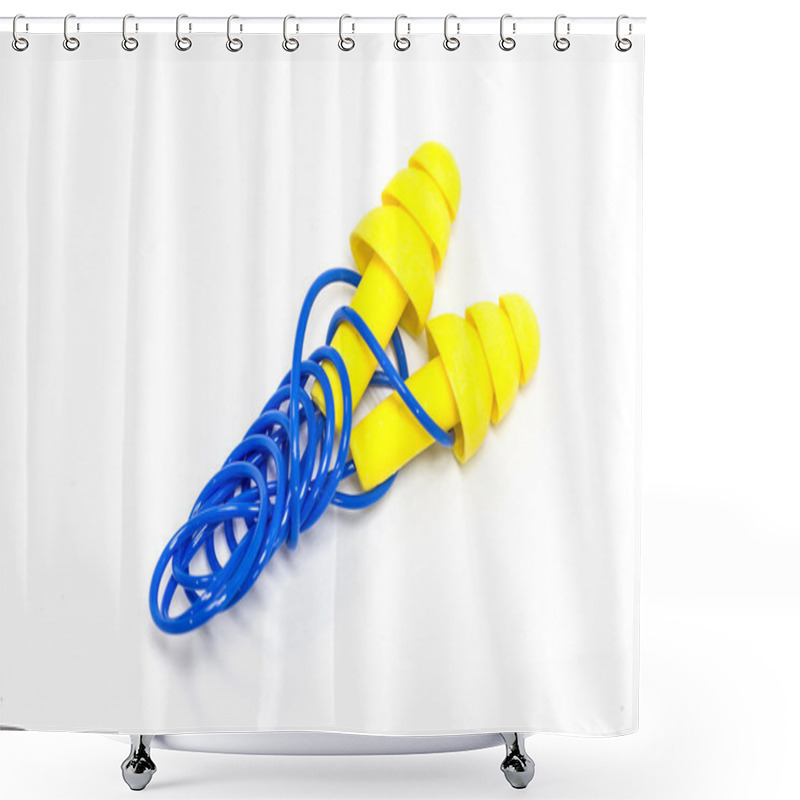 Personality  Yellow Earplugs With Blue Band  Shower Curtains