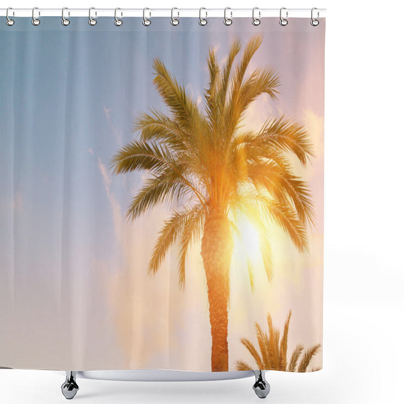 Personality  Green Palm Leaves On Blue Sky Background. Shower Curtains