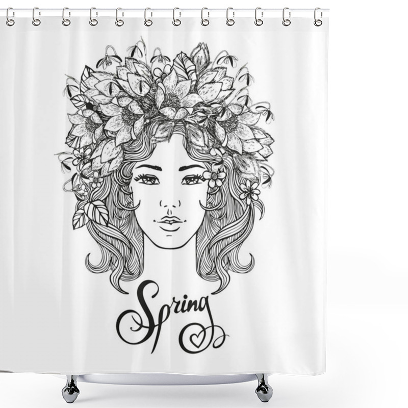 Personality  Black And White Girl Decorative Hairstyle With Flowers, Leaves In Hair In Doodle Style. Nature, Ornate, Floral Illustration And Hand Sketched Lettering Hallo Summer. Zentangle Hand Drawn Coloring Book Shower Curtains