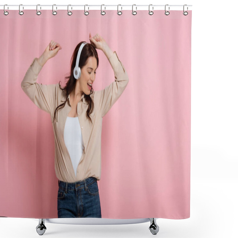 Personality  Beautiful Woman In Headphones Dancing And Singing On Pink Background Shower Curtains