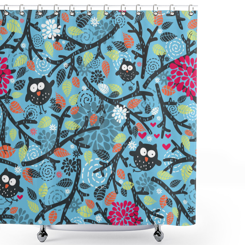 Personality  Seamless Pattern With Owls And Floral Elements On Blue. Shower Curtains