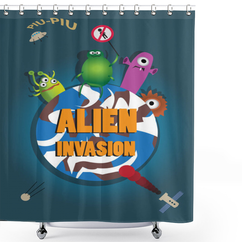 Personality  Alien Invasion. Retro Style Vector Poster. Shower Curtains