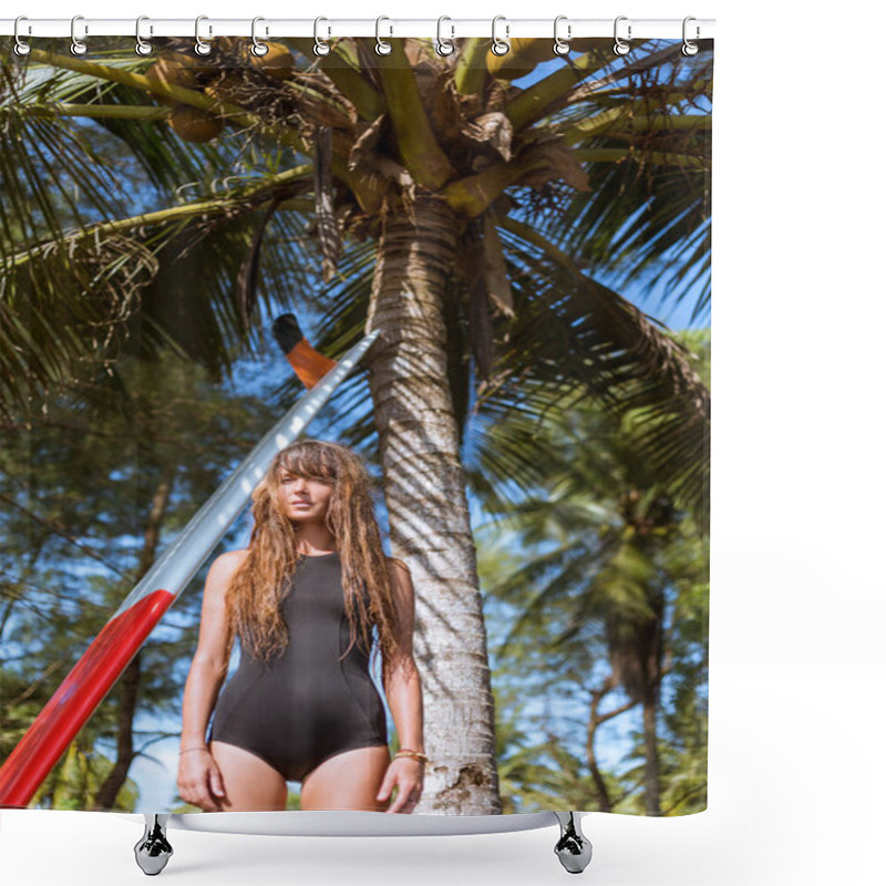 Personality  Attractive Young Woman With Long Hair Posing Near Palm Tree With Surfboard   Shower Curtains