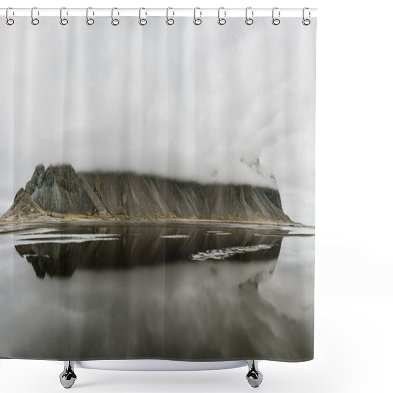 Personality  Serene Reflection Of Vestrahorn Mountain In Southeast Iceland On A Cloudy Day Shower Curtains