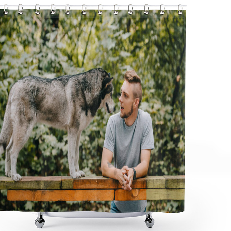 Personality  Handsome Man With Husky On Dog Walk Obstacle In Park Shower Curtains