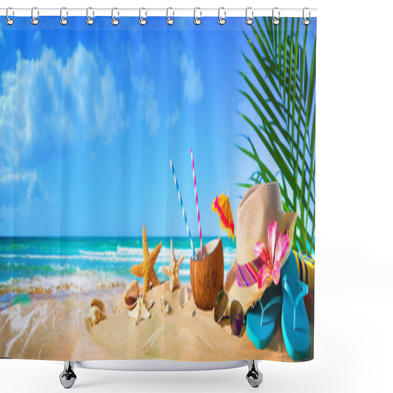 Personality  Straw Hat And Sunglasses On Beach. Summer Holidays Concept Shower Curtains