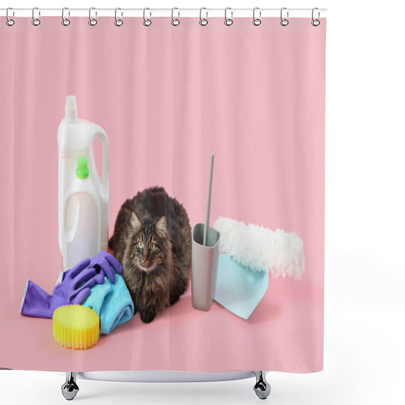 Personality  Cute Cat With Detergents And Cleaning Supplies On Pink Background Shower Curtains