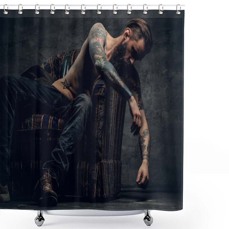 Personality  Shirtless, Tattooed Man Sitting On A Chair Shower Curtains