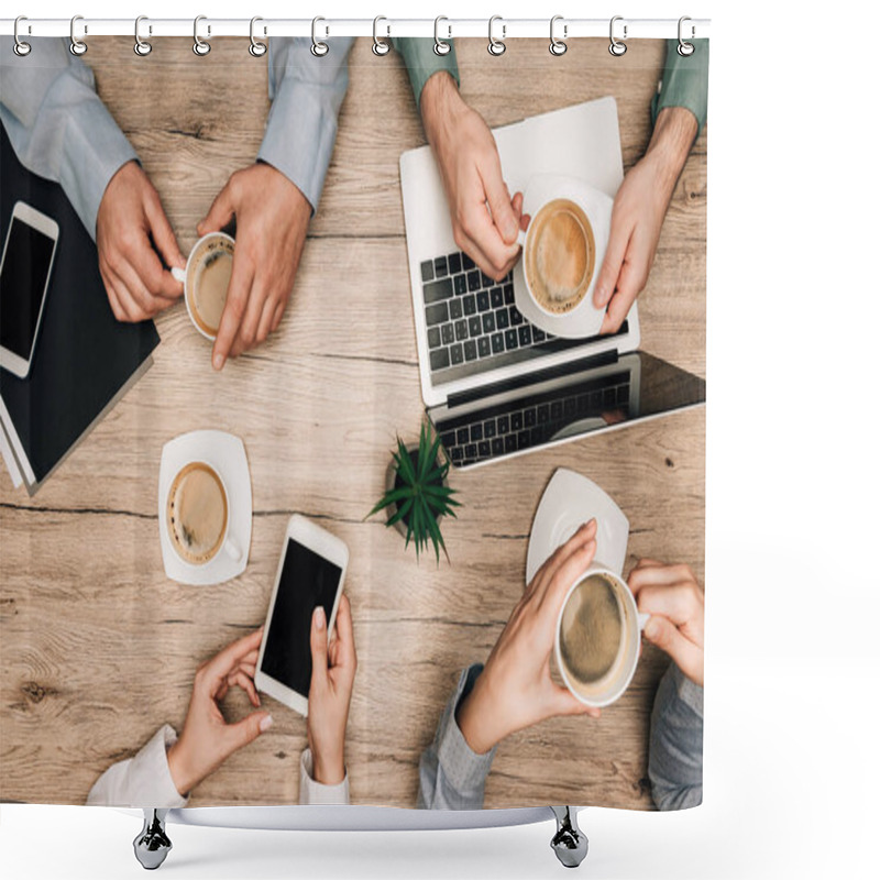 Personality  Top View Of Business Partners Drinking Coffee By Gadgets On Table, Cropped View Shower Curtains