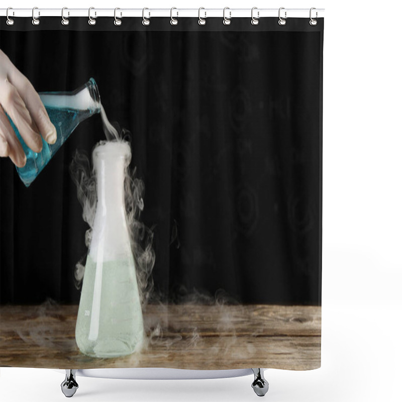 Personality  Scientist Working With Laboratory Glassware And Space For Text At Wooden Table, Closeup. Chemical Reaction Shower Curtains