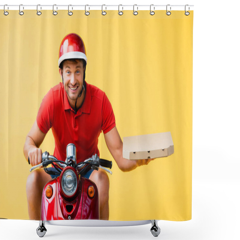 Personality  Cheerful Delivery Man In Helmet Riding Red Scooter And Holding Pizza Box Isolated On Yellow Shower Curtains