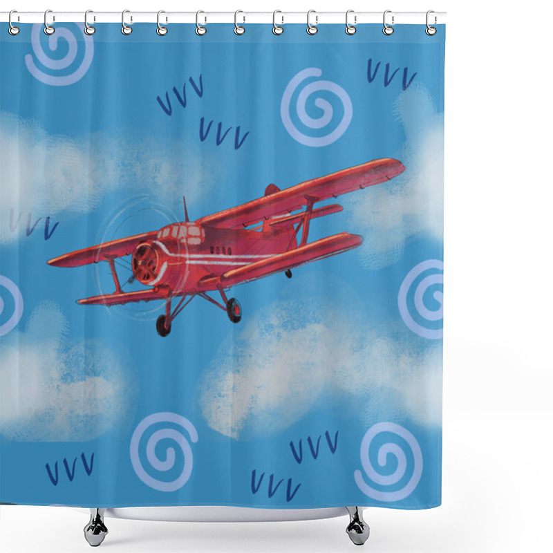 Personality  Watercolor Red Airplane On Blue Sky Illustration With Computer Processing Seamless Pattern. View Of A Flying Plane. Shower Curtains