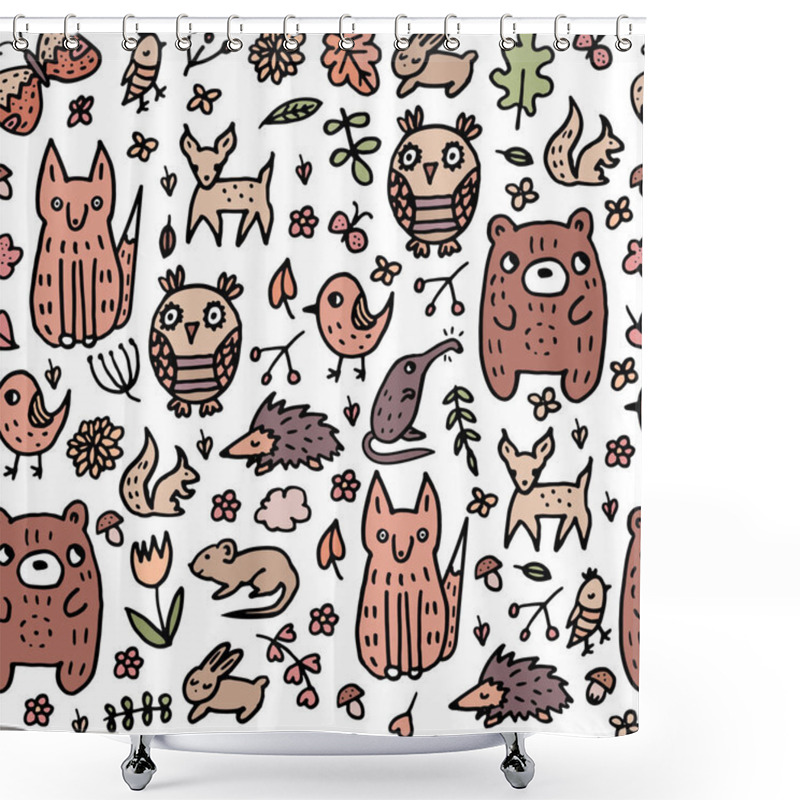 Personality  Seamless Autumn Pattern With Wild Forest Animals For Baby Products. Bear, Hedgehog, Deer, Roe Deer, Muskrat, Bird, Owl, Fox, Squirrel, Hare, Rabbit, Flowers, Leaves Mushrooms Are Drawn In Doodle Style Shower Curtains