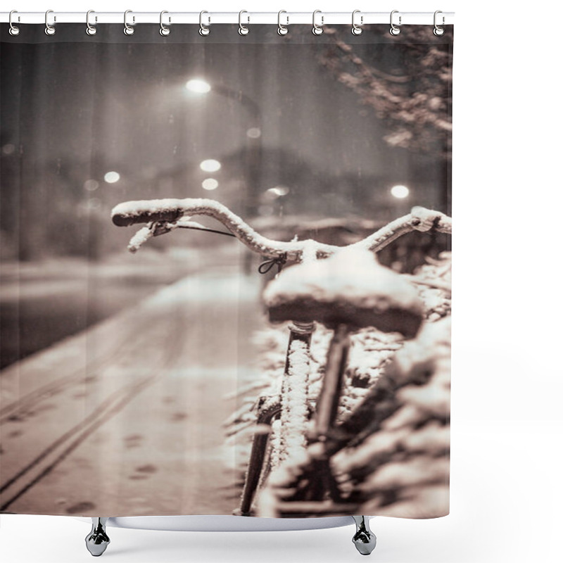 Personality  Bike Covered In Snow At Night Shower Curtains