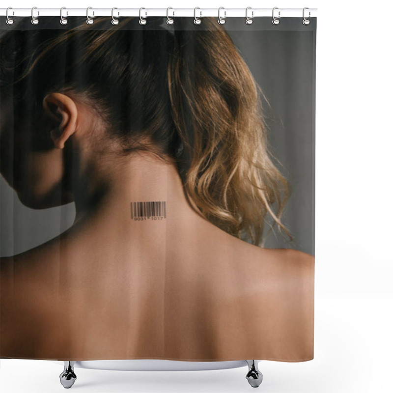 Personality  Back View Of Woman With Coded Barcode On Neck On Grey Background Shower Curtains