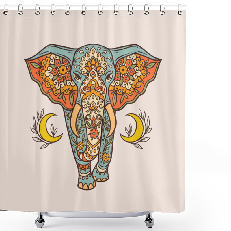 Personality  Elephant Moon Retro. Vector Illustration. Flower Ethnic Drawing. Elephante Animal Nature In Zen Boho Style. Coloring Hippie, Eastern Style Shower Curtains