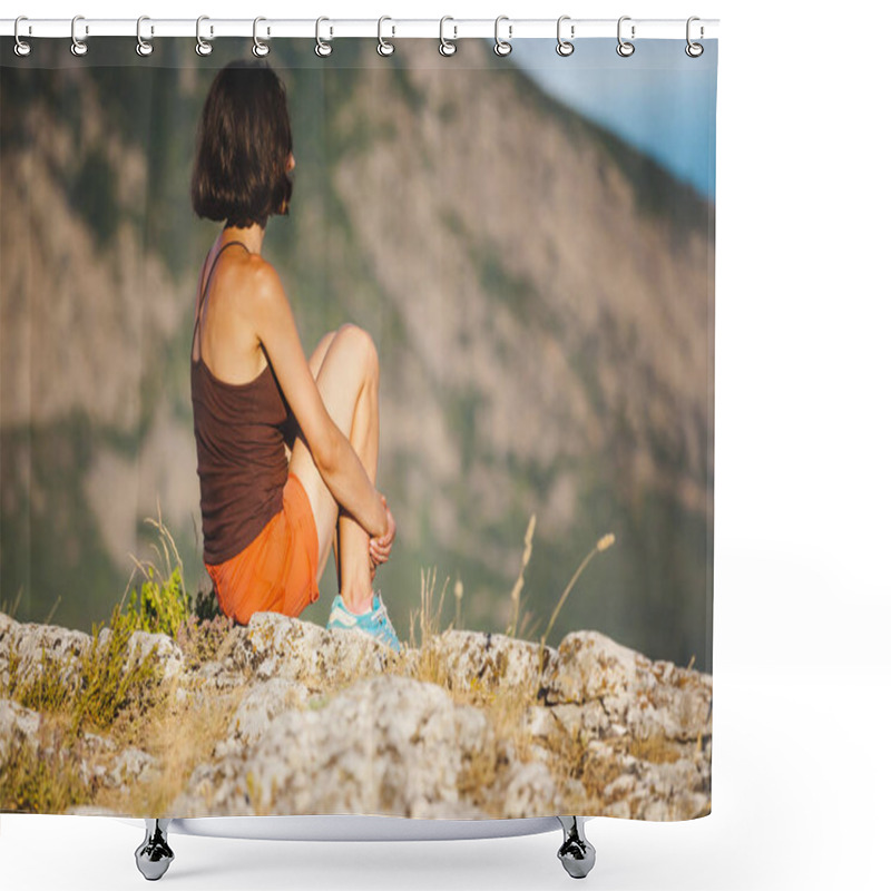 Personality  A Girl Is Sitting On Top Of A Mountain At Sunset. A Woman Is Engaged In Yoga And Sits In A Lotus Position. Meditation Is Far From Civilization. Beautiful Female Back. View Of The Mountains And Sea. Shower Curtains