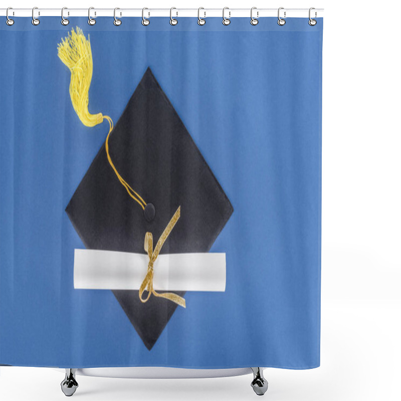 Personality  Graduation Concept With Diploma And Graduation Cap Isolated On Blue Shower Curtains