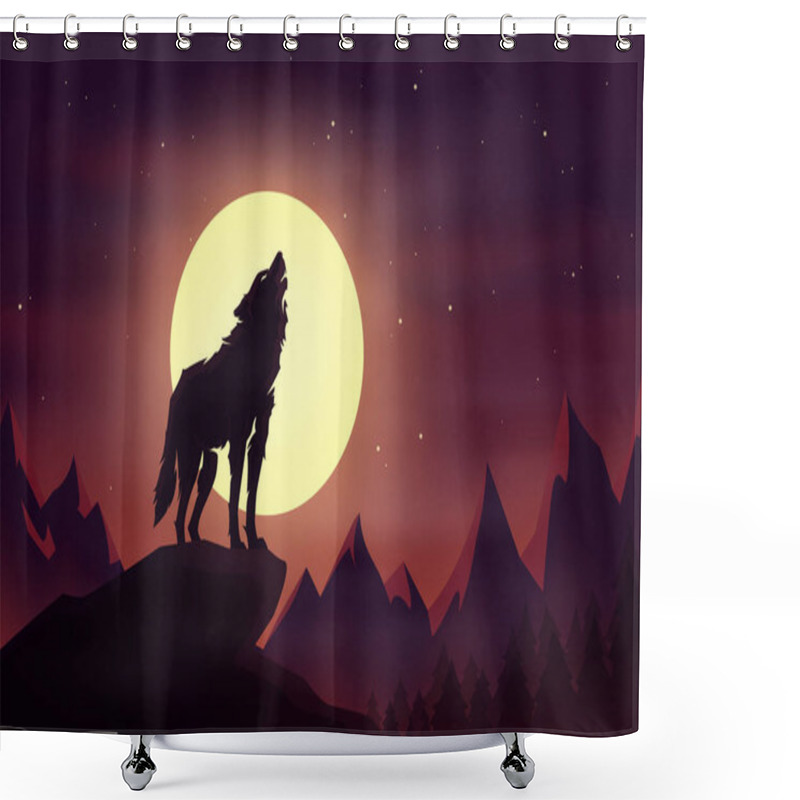 Personality  Wolf Howling Silhouette In Front Of A Large Full Moon With Dusk Night Sky And Mountains Wilderness Landscape Background. Vector Illustration. Shower Curtains