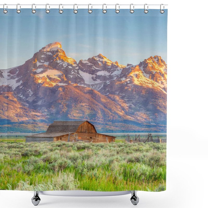 Personality  The Abandoned Barn In The Mormon Row, Wyoming With Grand Tetons View. It Is On The National Registrer Of Historic Places. Shower Curtains