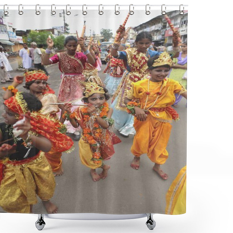 Personality  Janmashtami Festival Or Lord Krishna Birthday Celebration Carnival Procession; Jabalpur ; Madhya Pradesh ; India MR 372 Shower Curtains