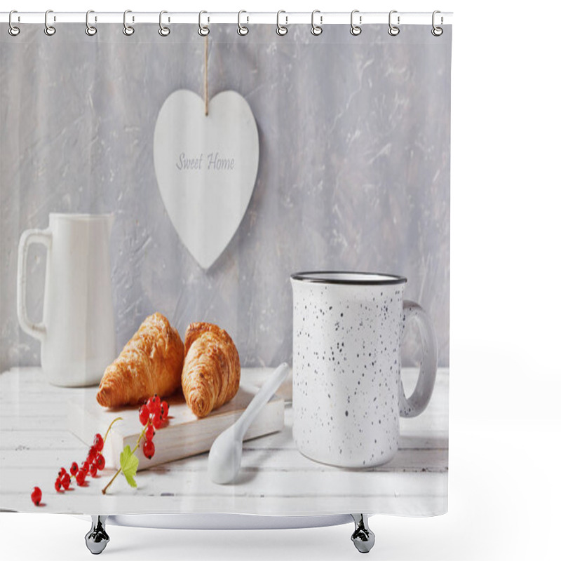 Personality  Fresh Croissants, Cup Of Tea And Red Currants On White Background. Shower Curtains