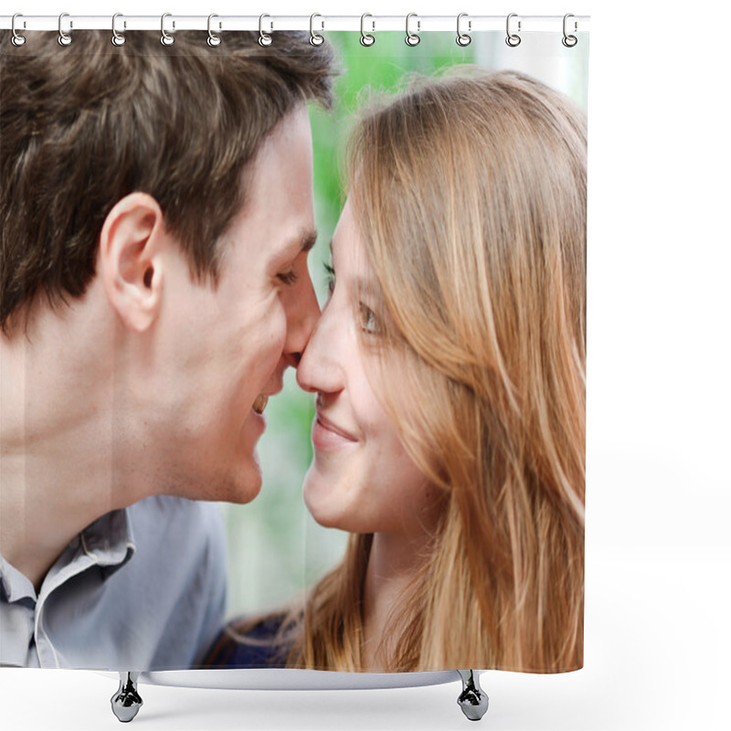 Personality  Very Attractive Young Couple Flirting On A Sofa Shower Curtains