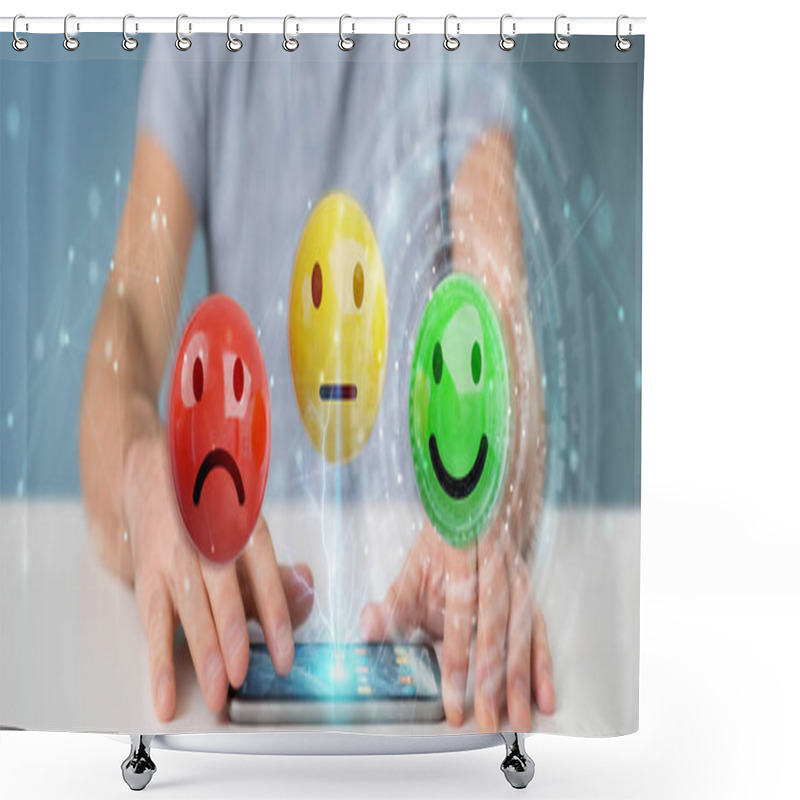 Personality  Businessman On Blurred Background Using Customer Satisfaction Rating 3D Rendering Shower Curtains