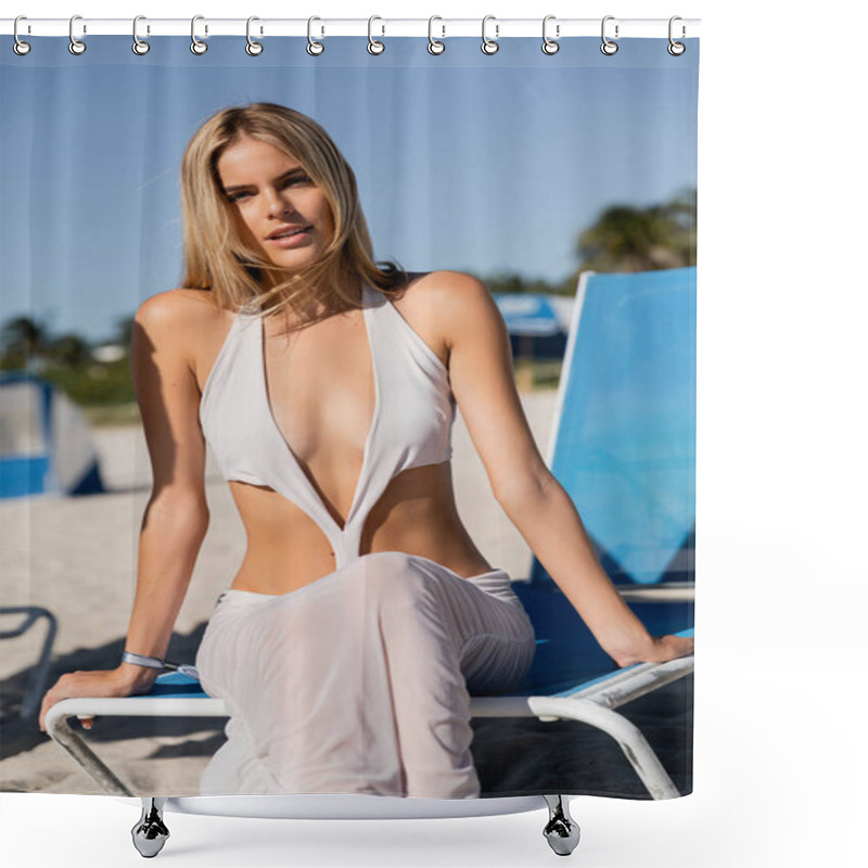 Personality  A Young, Beautiful Blonde Woman Relaxes On A Beach Chair, Soaking In The Sun And The Sound Of The Waves Crashing Nearby. Shower Curtains