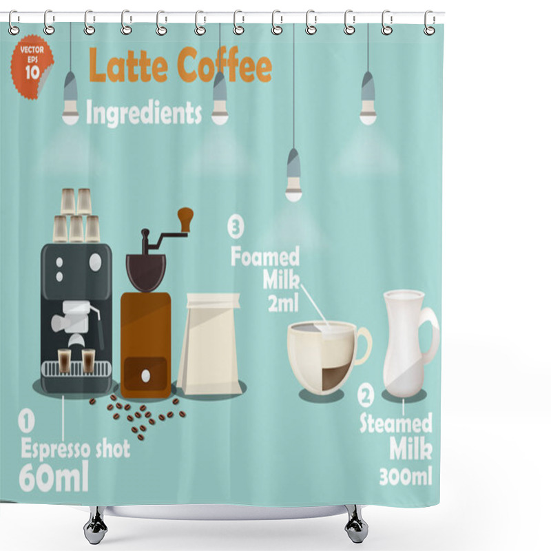 Personality  Graphics Design Of Latte Coffee Recipes, Info Graphics Of Latte Coffee Ingredients, Collection Of Coffee Machine,coffee Grinder, Milk, Espresso Shot For Making A Great Cup Of Coffee. Shower Curtains