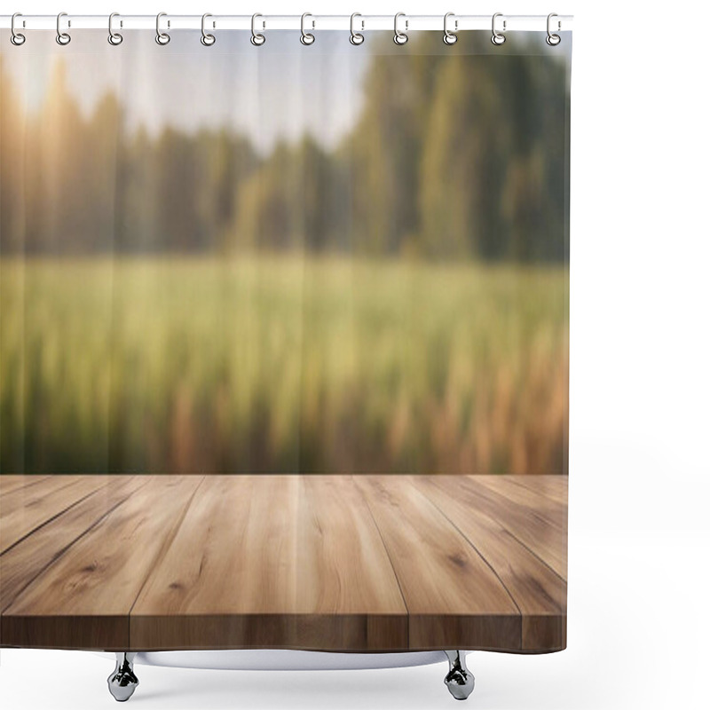 Personality  Wooden Table Witj Field Blurred Background Shower Curtains