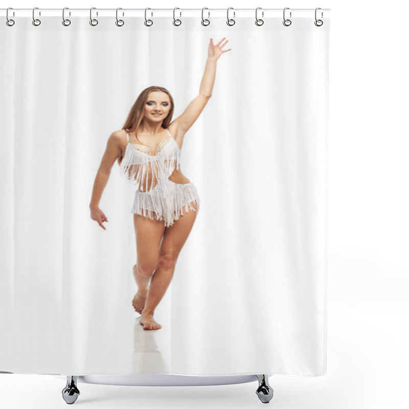 Personality  Rear View Of Young Sexy Blonde Caucasian Woman Dancing Latino Dances. Full Body Length Portrait Isolated On White Background. Shower Curtains