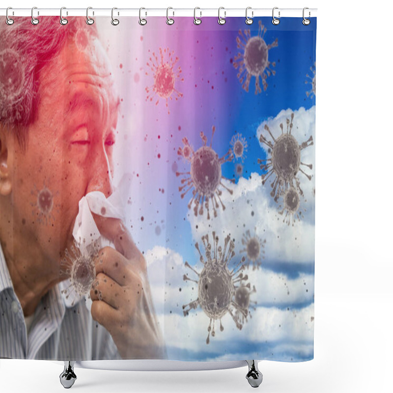 Personality  Asian Elder Ill Sneezing Coughing With Spread Of Corona Virus Covid-19 Or Covidvirus Flow In The Air Concept. Shower Curtains