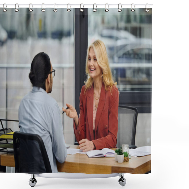 Personality  A Woman And Man Discussing Business At An Office Table. Shower Curtains