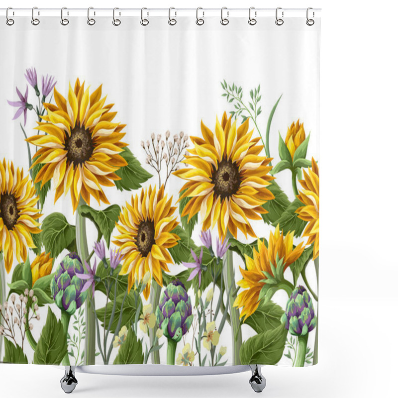 Personality  Border With Sunflowers Bouquet,.artichoke And Wild Flower. Vector Illustration. Shower Curtains