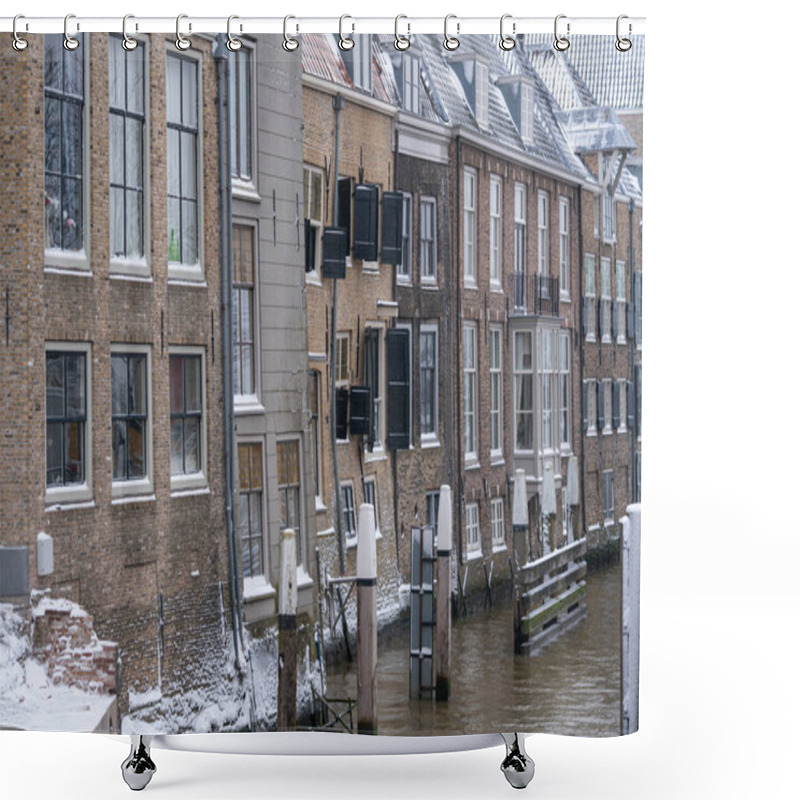 Personality  A Row Of Crooked Traditional Old Snow-covered Dutch Buildings Overlooks A Canal. The Winter Setting Captures The Architecture And The Peaceful Beauty Of A Snowy Netherlands. Shower Curtains