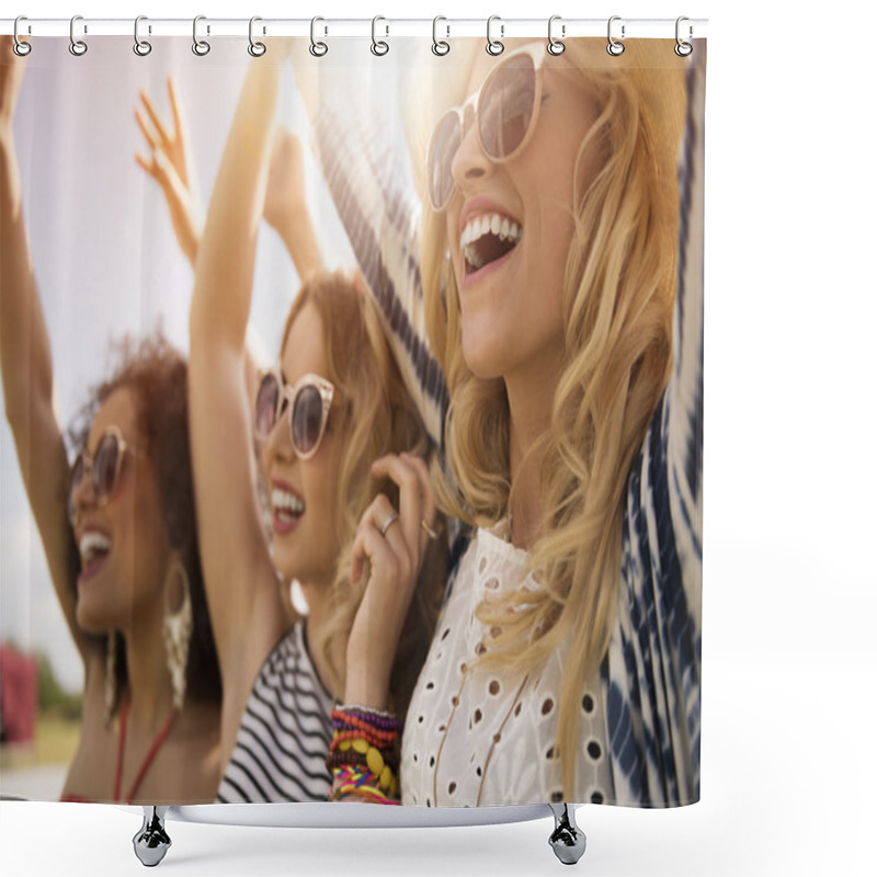 Personality  Happy Women Dancing At The Music Festival. Shower Curtains